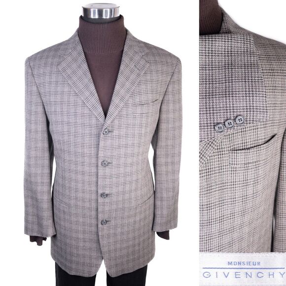 GIVENCHY Monsieur Blazer Sport Coat Jacket Mens 44S Pure Wool Plaid 4 Button Vtg - Picture 1 of 12